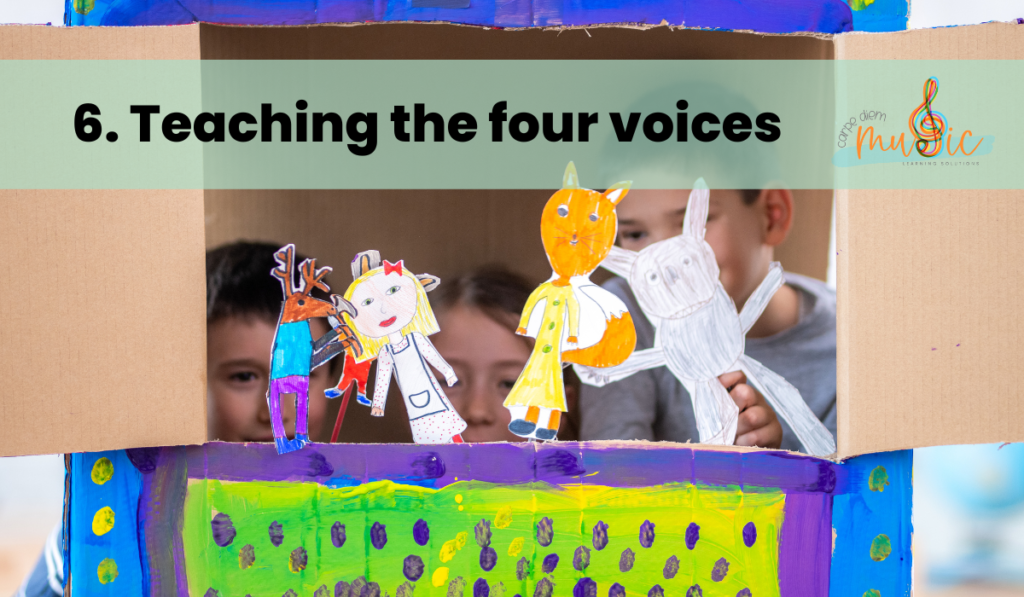 Music activities for elementary students. Students exploring 4 voices using puppets