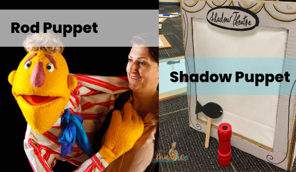 Showing two kind of puppets: Rod puppets and shadow puppets
