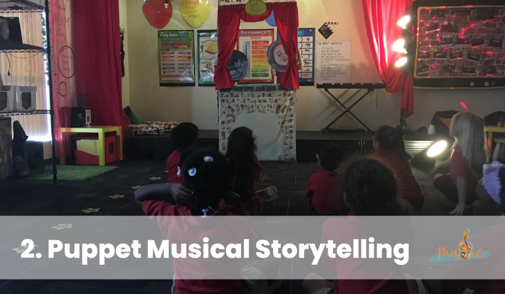 Puppets show in an elementary music classroom.